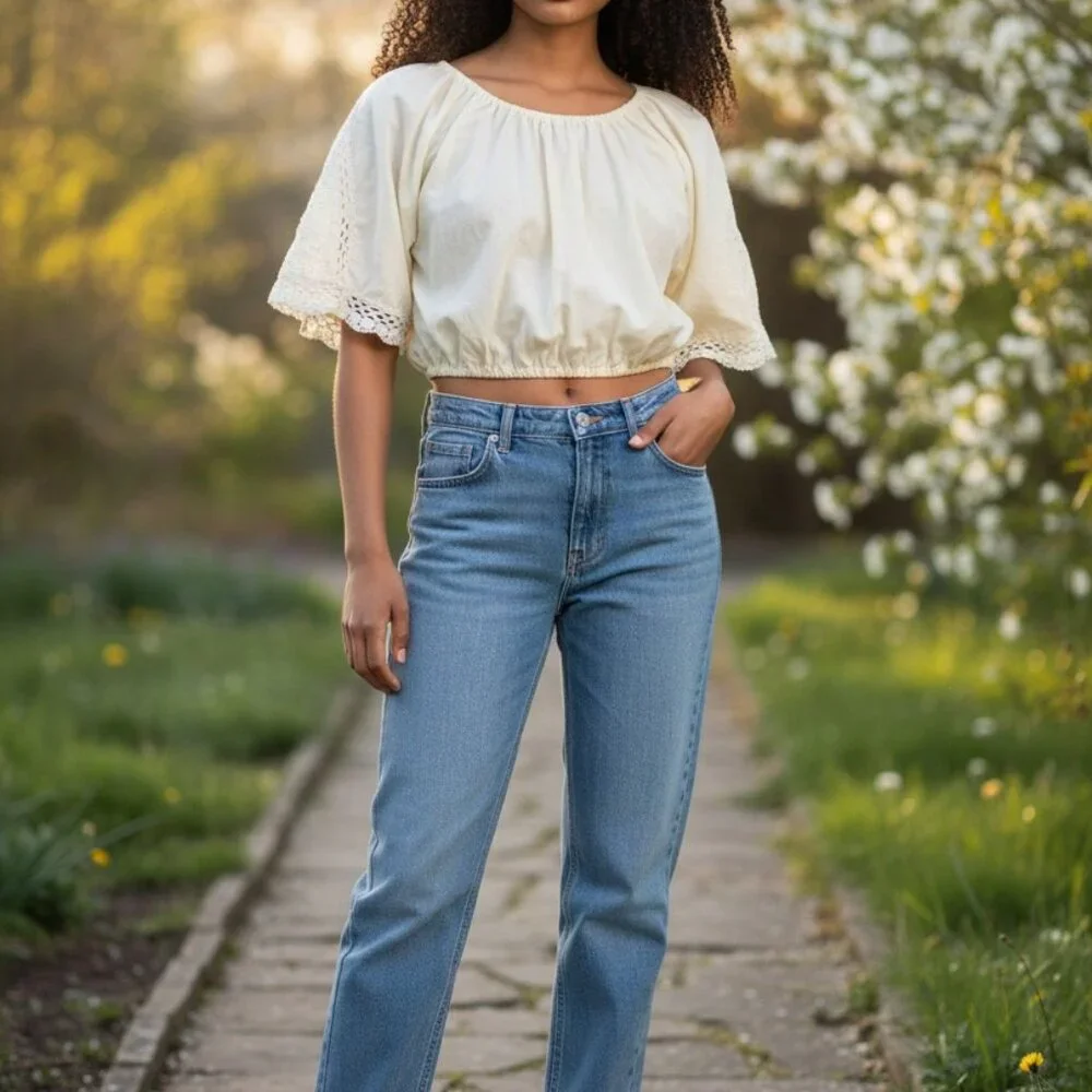 (E-144)Women’s Cream Crop Top Blouse Lace Trim Boho Peasant Style Short Sleeve S - Picture 1 of 7